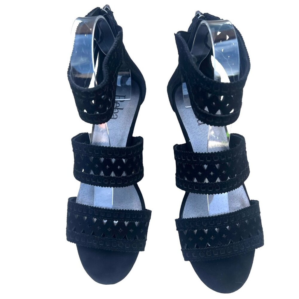 Reba Women’s Size 7 Baby Suede Open Toe Wedge Heels cut outs Leather Black - Picture 3 of 11